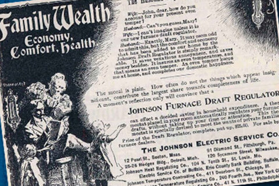 A newspaper ad promising domestic harmony and budget savings with the Johnson Electric Service Company Furnace Draft Regulator