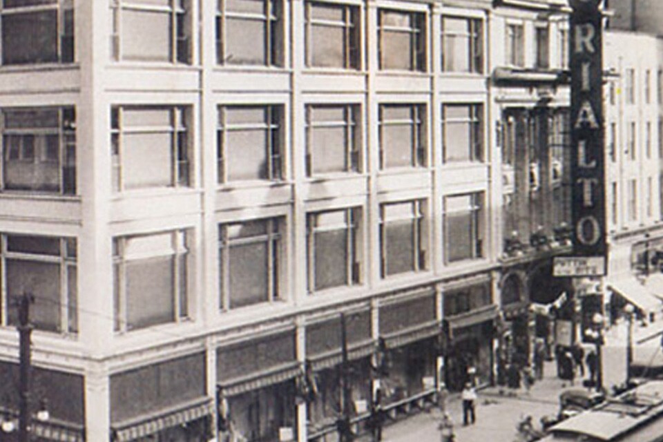 A greyscale image of the Rialto Square Theatre in Joliet, Illinois