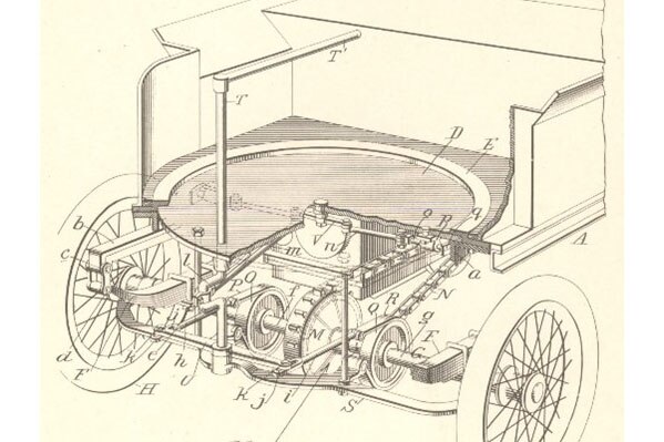 An illustration in Warren Johnson's patent 813,213 depicting the truck's "fifth-wheel"