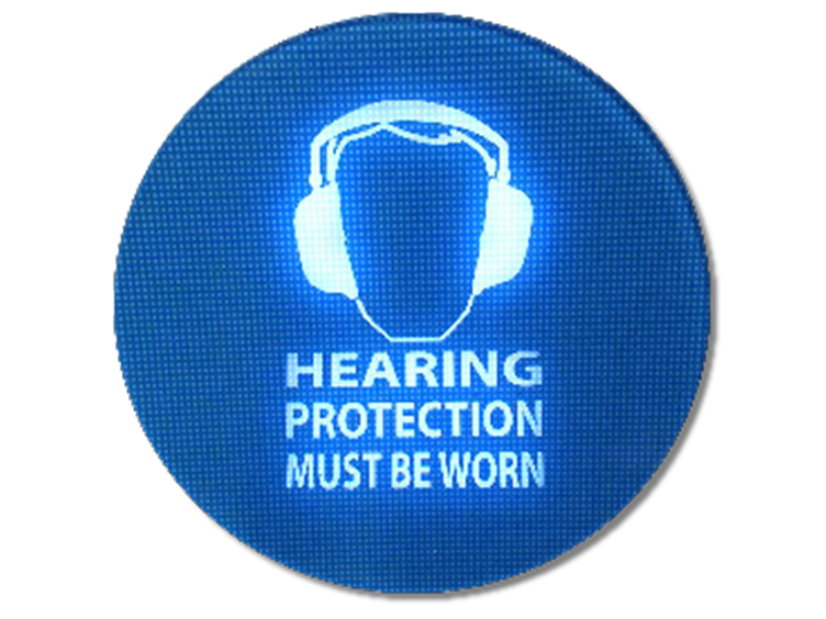 Circular LED warning sign reading 'Hearing Protection must be worn'