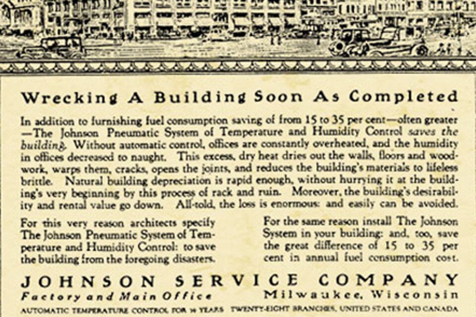 A newspaper ad in 1922 for the Johnson Service Company’s pneumatic system