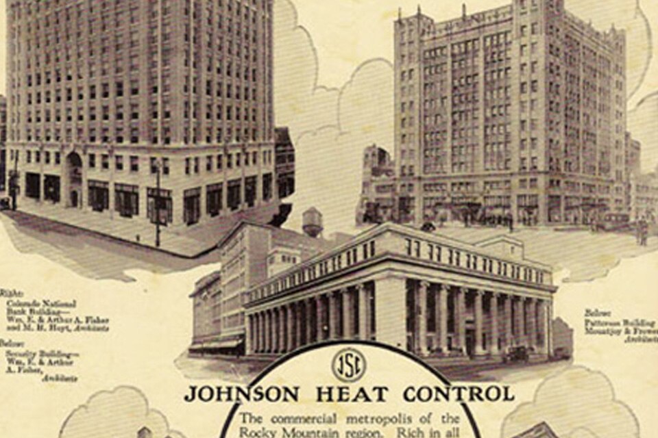 Sketches of buildings in a newspaper with a Johnson Heat Controls ad