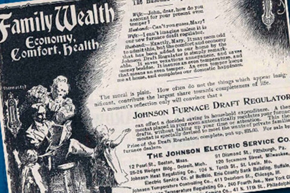 A newspaper ad promising domestic harmony and budget savings with the Johnson Electric Service Company Furnace Draft Regulator