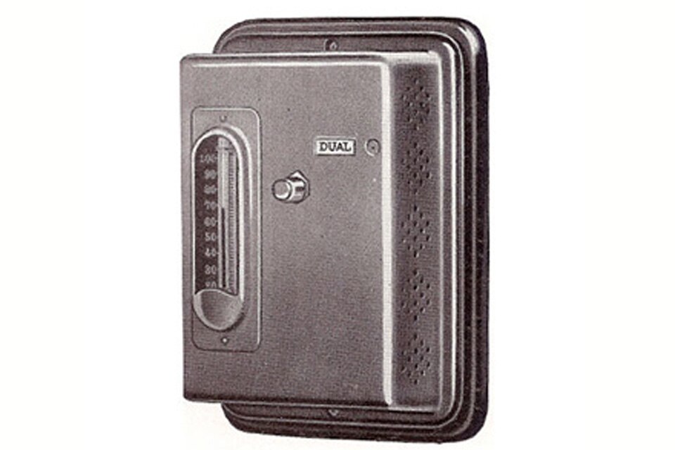 A greyscale image of the Johnson Service Company's patented dual thermostat