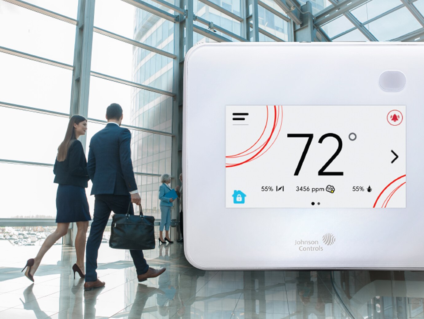 Interior of a busy airport, with a close-up of a networked thermostat overlaid in the foreground