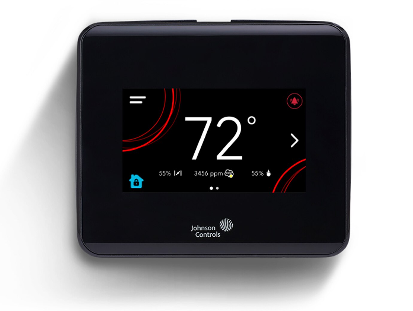 A black networked thermostat, displaying a temperature of 72 degrees Fahrenheit 