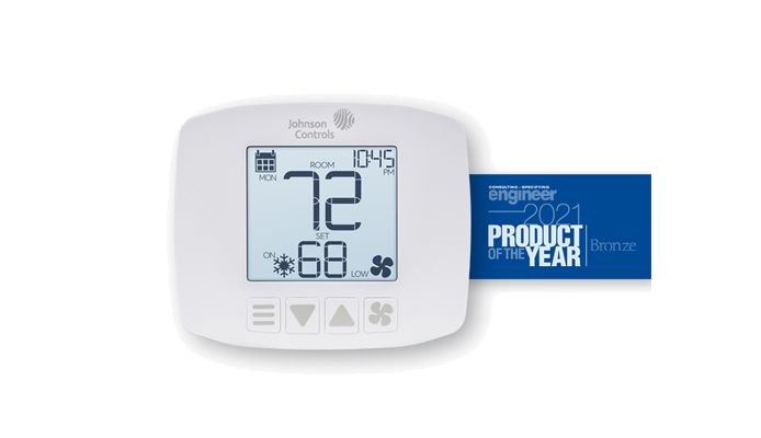 A thermostat from the FCP Series, with a blue 'Product of the Year' banner beside it
