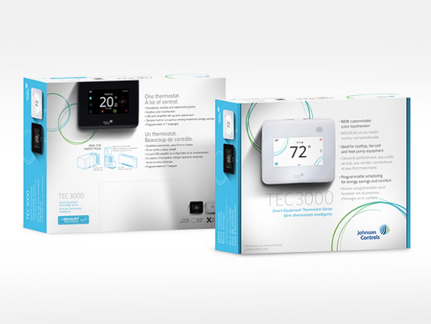 A pair of packages containing networked thermostats