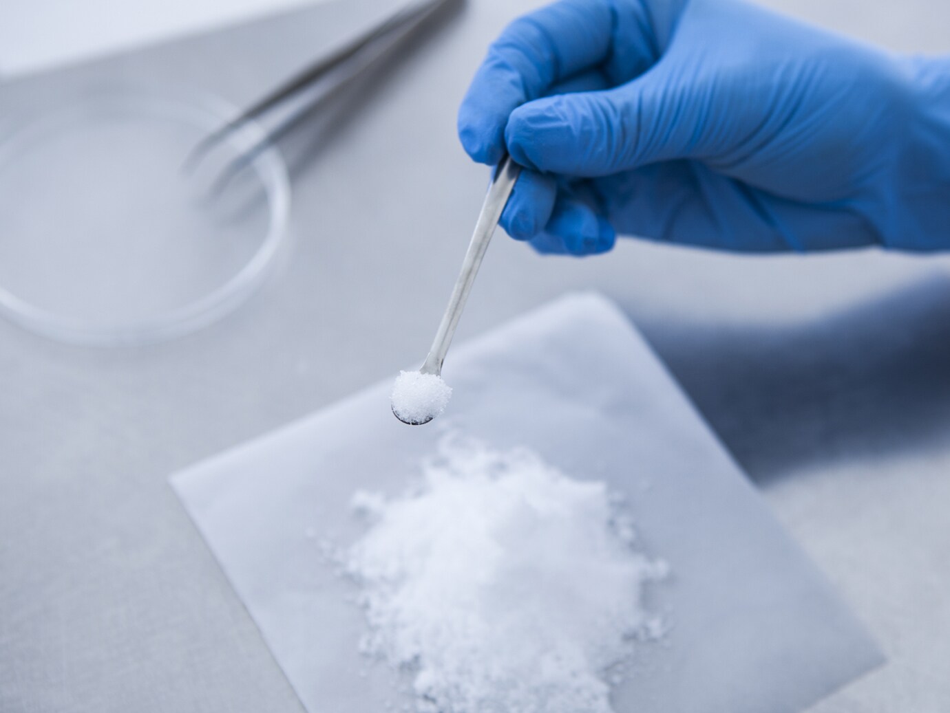 Close-up of scientist examining a white powdery substance in a lab