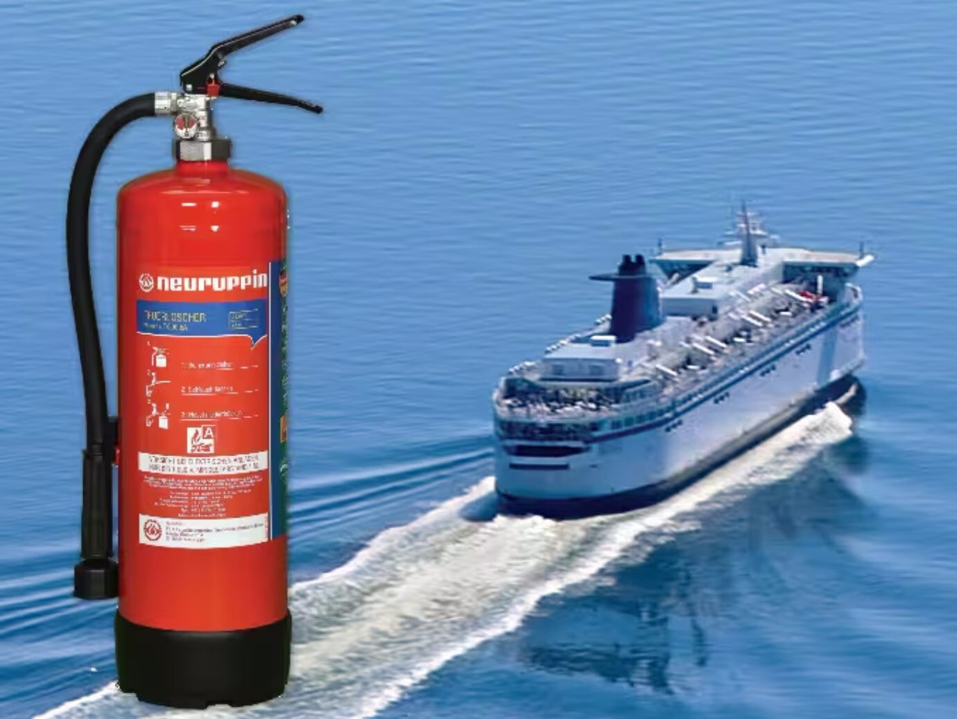 fire extinguisher with ship image in the background