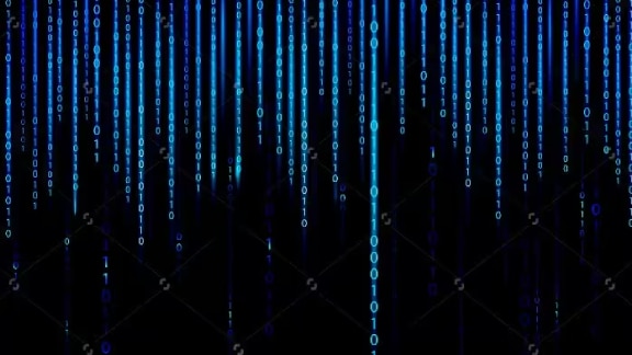 Blue binary code graphics displayed vertically against a black background