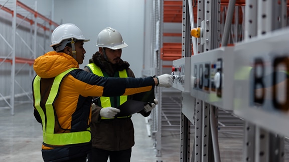 Two maintenance workers inspecting a machine in a warehouse
