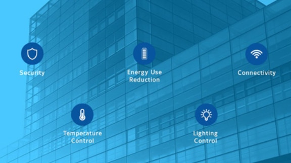 Icons representing the features of a smart building overlaid on a glass building