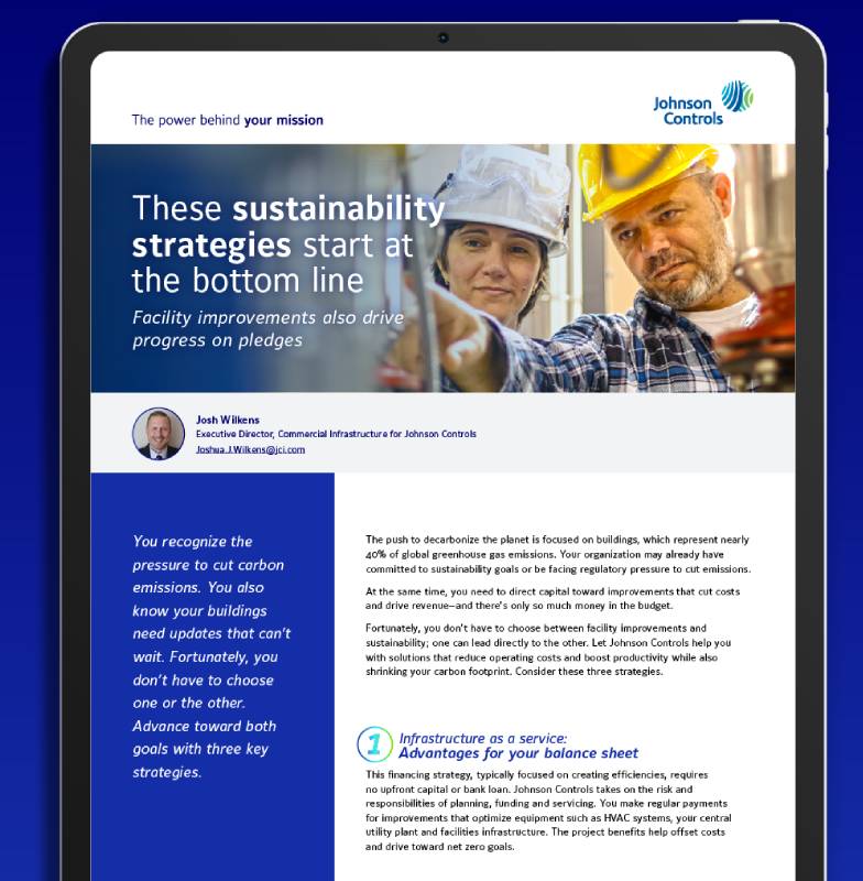 A tablet displaying an article on sustainability in industrial facilities, by Johnson Controls