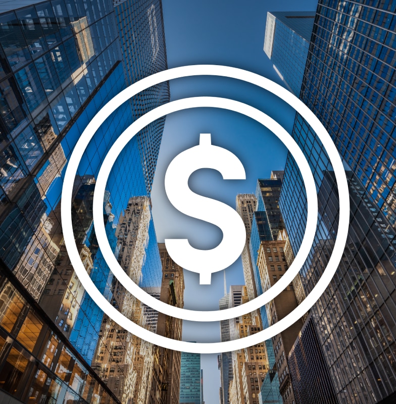 Dollar symbol overlaid on an image of a business area