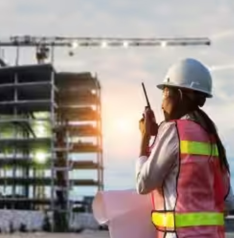 Female engineer in safety gear talking on a handheld communication device and looking at a building in construction