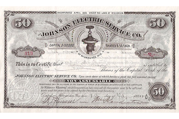 A stock certificate from 1900 containing the signatures of company founder Warren Johnson and president William Plankinton.
