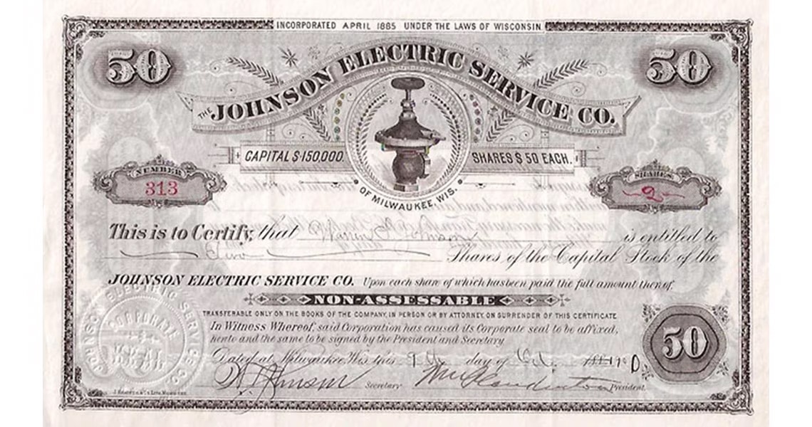 A  Johnson Electric Service Co. stock certificate from 1900, containing the signatures of company founder Warren Johnson and president William Plankinton.