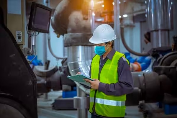 An engineer in protective gear reading a tablet in an industrial facility