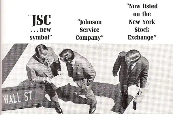 A Johnson Service Company advertisement from 1965 promoting the company's new listing on the NYSE