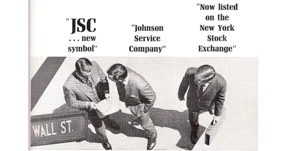 A Johnson Service Company advertisement from 1965 promoting the company's new listing on the NYSE
