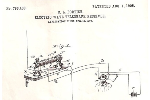 Page from Charles Fortier's patent for an electric wave telegraph receiver dated August 1, 1905.