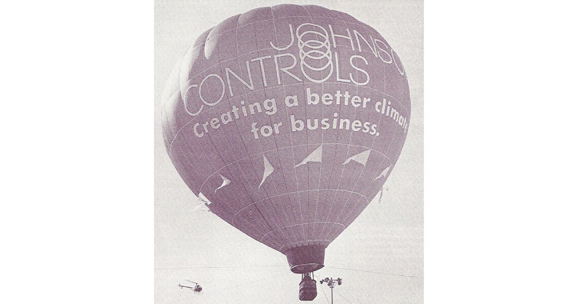 Johnson Controls' hot air balloon takes to the air for the first time over the Milwaukee County Stadium parking lot on March 9, 1984