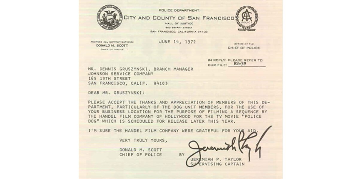 A letter from the San Francisco Police Department showed appreciation for the use of the Johnson Service Company's branch