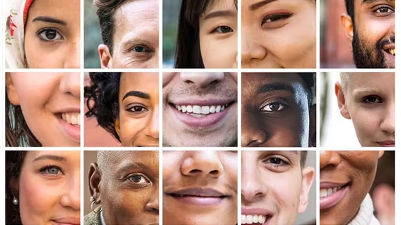 Collage of male and female facial features of different ethnicity