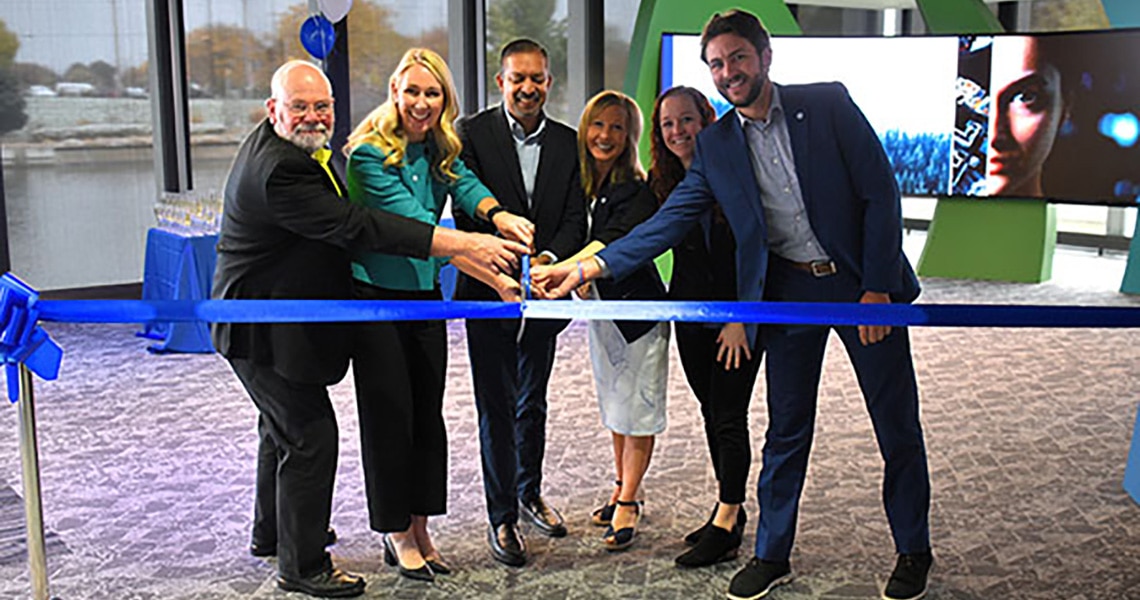 Johnson Controls officials celebrating the opening of the new OpenBlue Innovation Center in Glendale with a ribbon-cutting ceremony