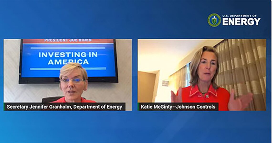 Screen capture of Katie Mcginty and Jennifer Granholm discussing Johnson Controls DOE Grants  award 