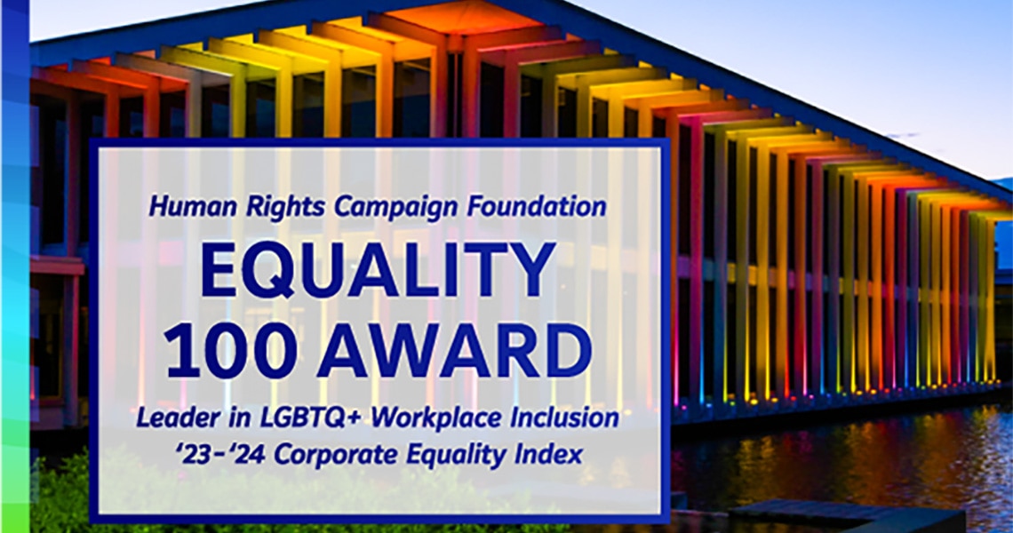 Modern architectural building with Human Rights Campaign Foundation’s 2023-2024 Corporate Equality Index text