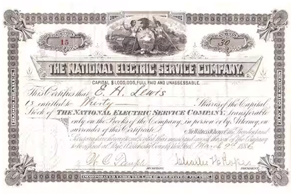 A National Electric Service Company stock certificate from 1886.