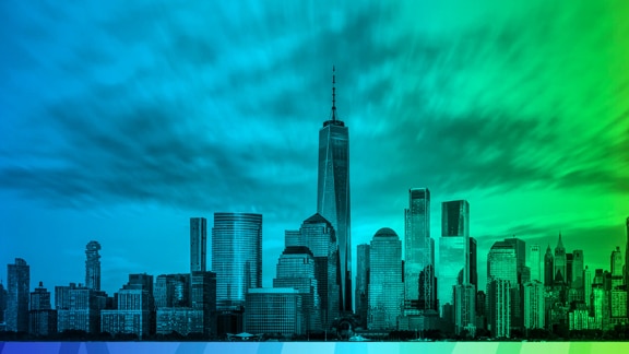 Waterfront view of Lower Manhattan, overlaid with a blue-green gradient