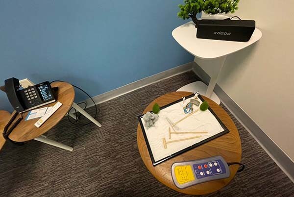 The Mind Room is a dedicated, private space for employees that has massage chair and other articles for relaxation.