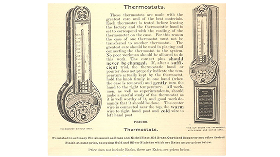 Thermostats of the Johnson Electric Service Co. on an 1893 catalog