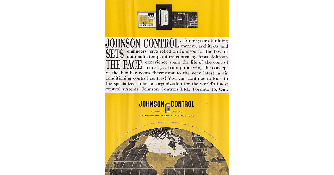 Magazine ad (targeted specifically for the Canadian market), recognizing Johnson Controls' 50th year in Canada in 1962.