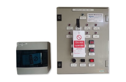 A pair of interface alarm panels 
