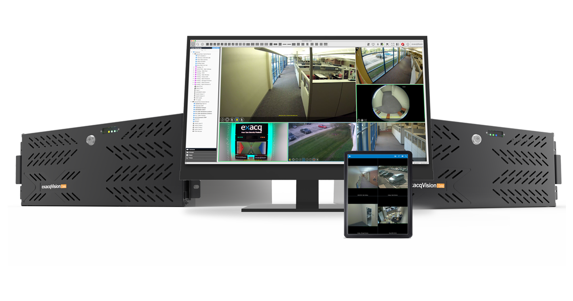 The exacqVision VMS 19.12 surveillance system with a monitor showing security camera footage