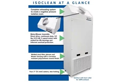 Envirco IsoClean HEPA Air Filtration unit, with a chart depicting its unique features