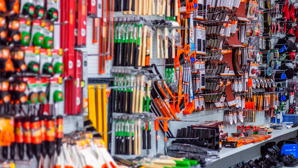 retail hardware diy store pegboard wall displaying huge colorful variety of tools equipment and supplies