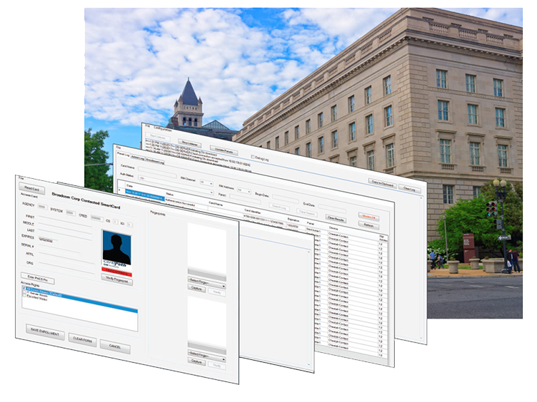 Three screenshots of a computer program stacked in front of an image of a building during the day