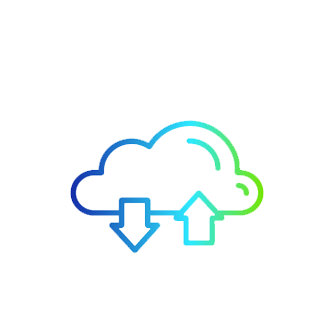 Blue-green line-illustration of a cloud with an upward and downward arrow beneath it