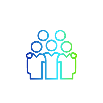 Blue-green line-illustration of three silhouettes of people with interlocked arms