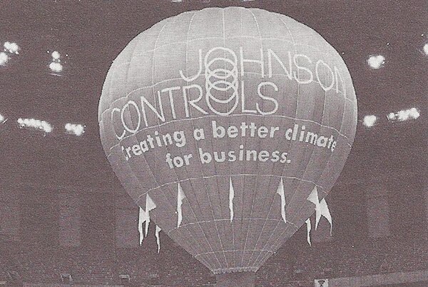 The Johnson Controls balloon is filmed inside the Louisiana Superdome for a television ad that was aired during the 1984 Olympics