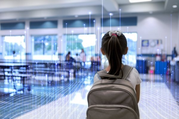 A student with a backpack walking in a cafeteria with modern graphics