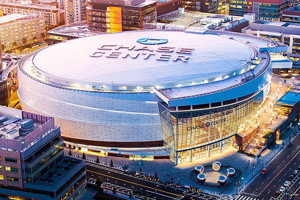 Aerial view of the Chase Center building in San Francisco