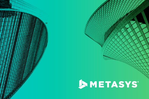 Two buildings overlaid with a turquoise gradient, with the Metasys logo in white at the bottom